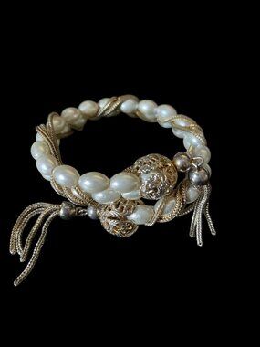 VTG Multi-strand Pearl Coil Wrapped Bracelet with Gold-Tone Tassel Accents